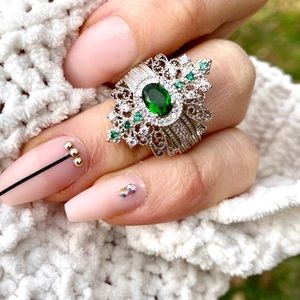 925 Silver Emerald and Diamond Vintage Ring